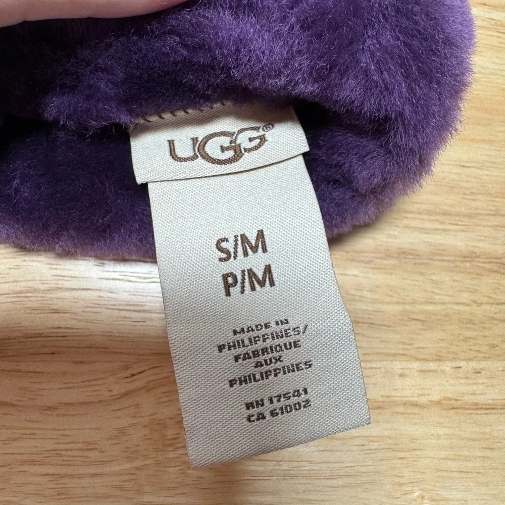 UGG Purple Leather Palm Shearling Trim Winter Gloves Womens S/M